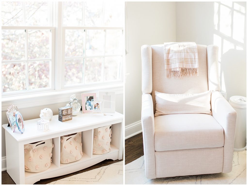 a nursery rocking chair and dresser with baby items on it