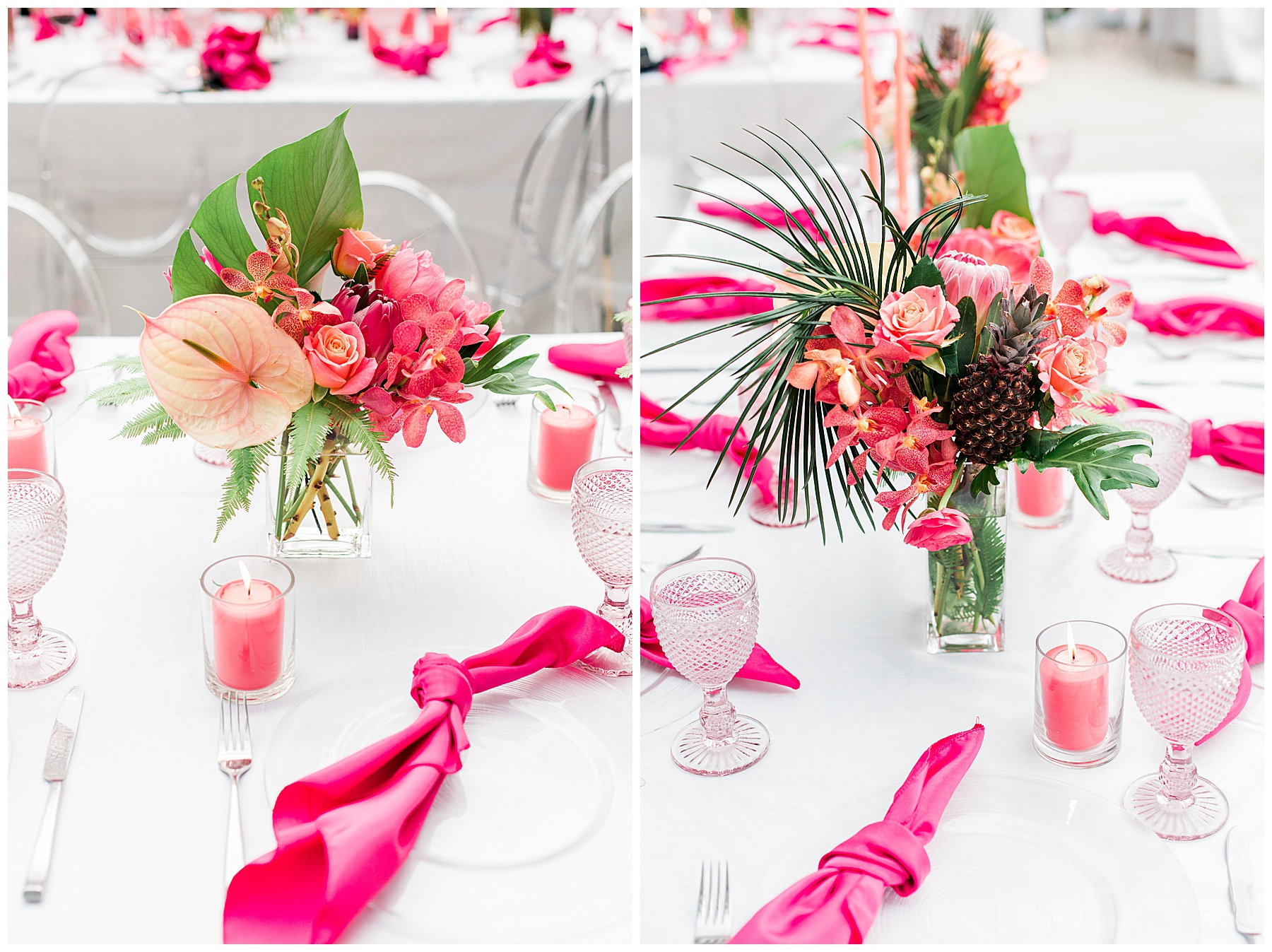 bright pink tropical flowers on a table