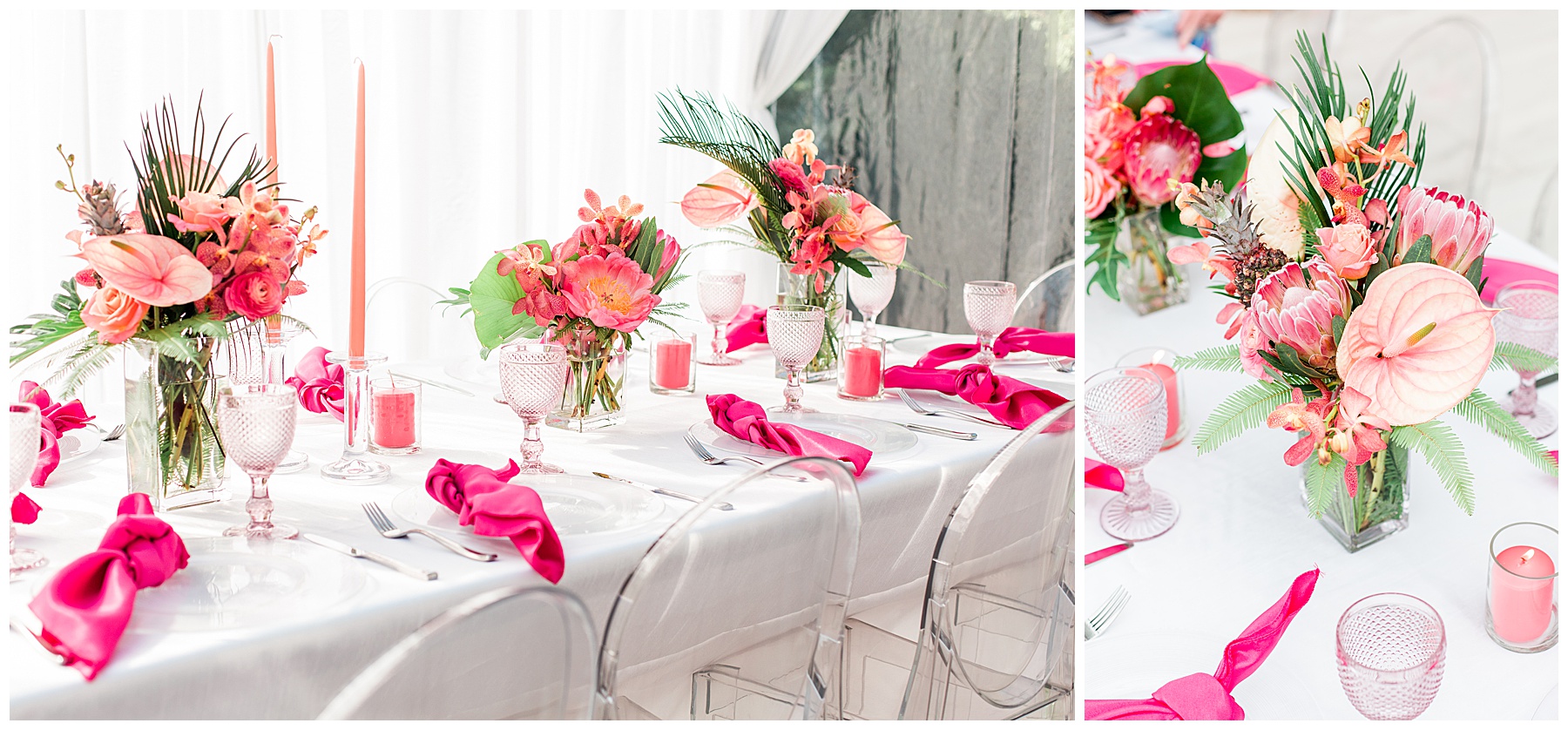 a birthday party table set up with pink flowers and bright pink napkins