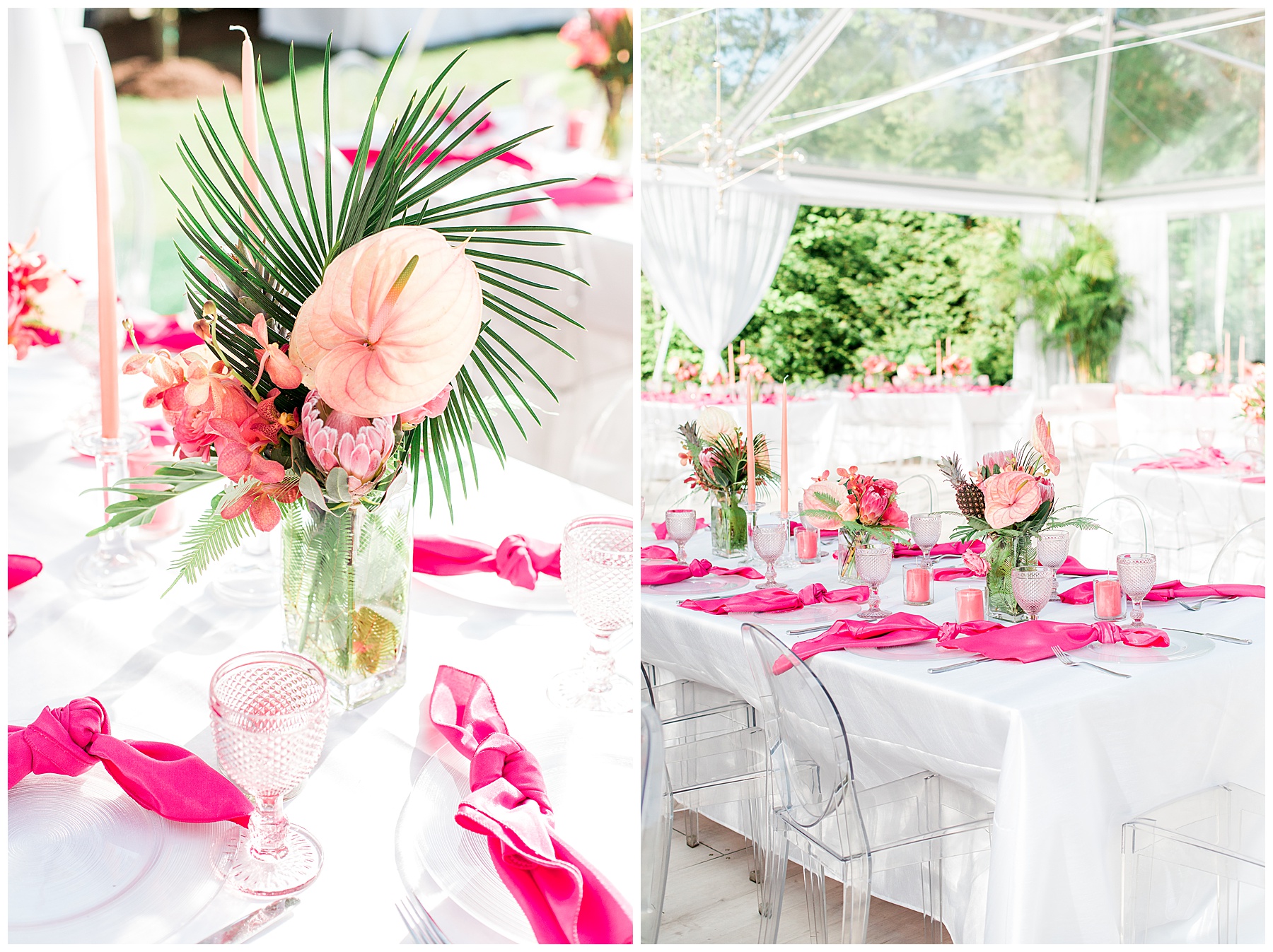 flowers on a table with bright pink napkins under a tent