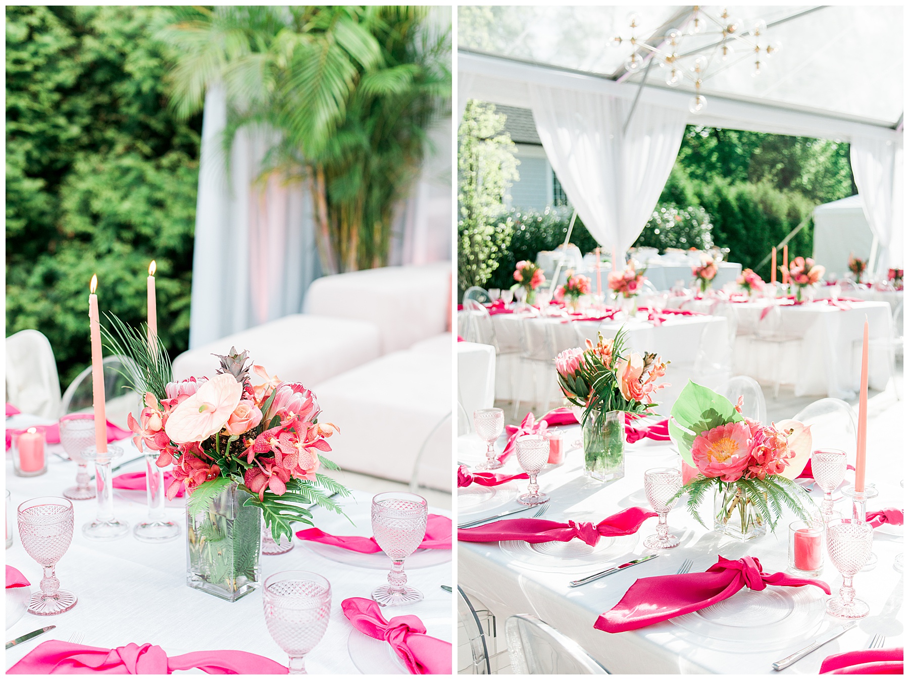tropical bright pink flowers with lots of tables under a tent