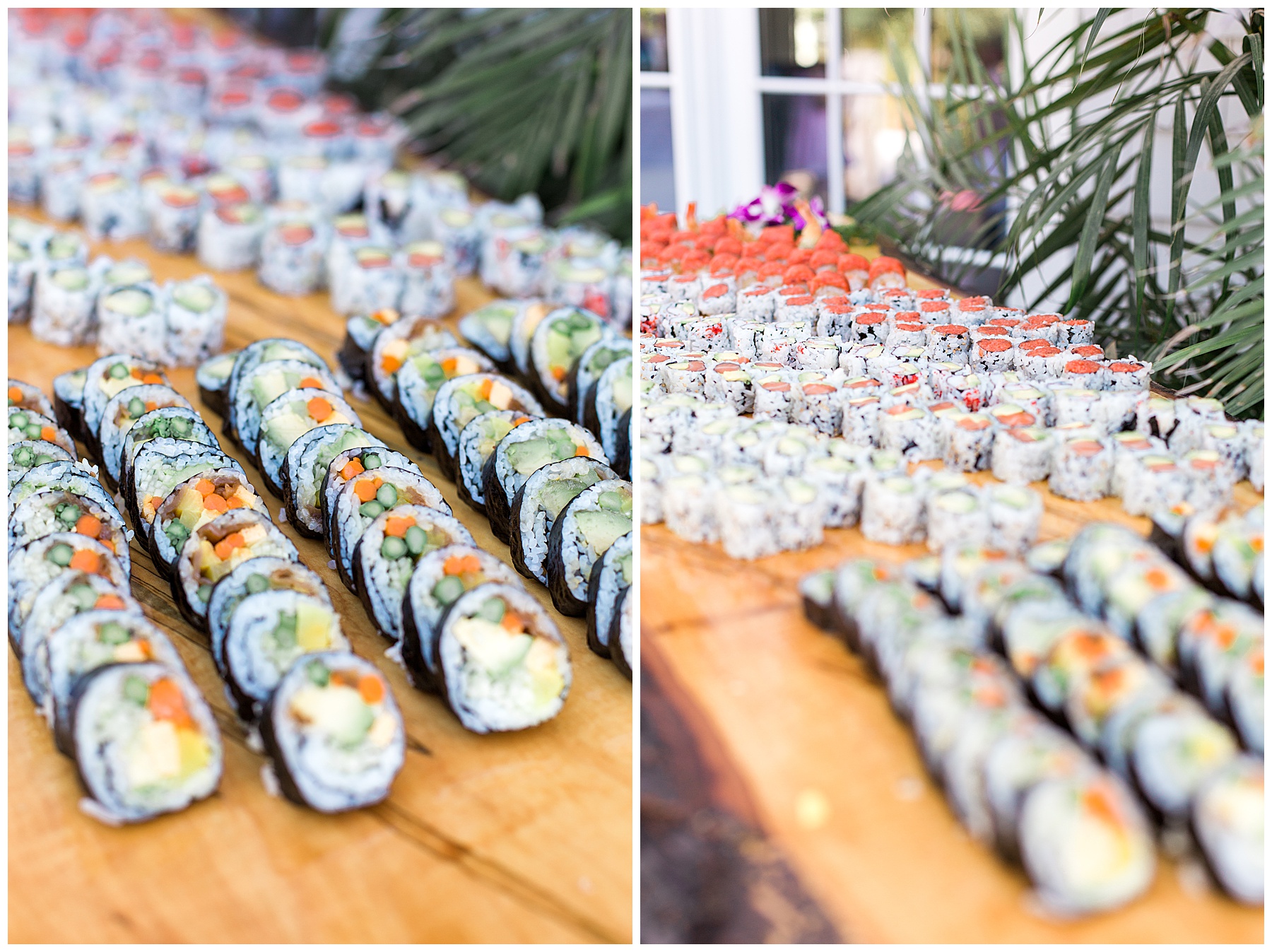 sushi on wooden planks for a buffet setting