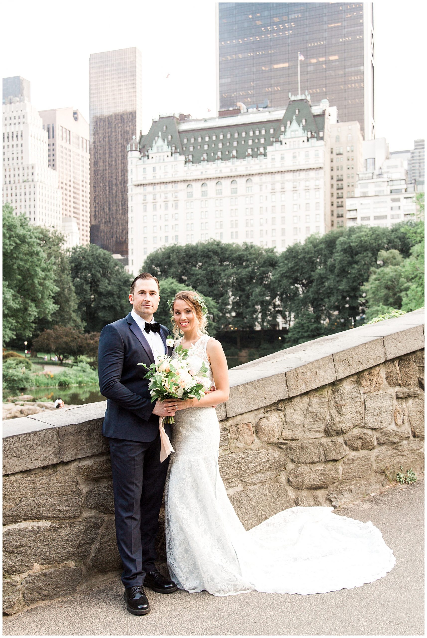 central park wedding bride and groom in front of The Plaza Hotel