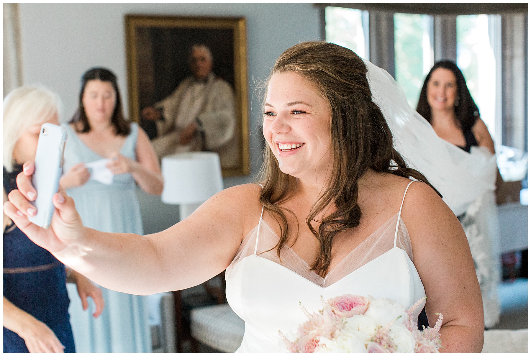 Darien Wedding Bride Greeting Family On Phone While Getting Ready for Wedding