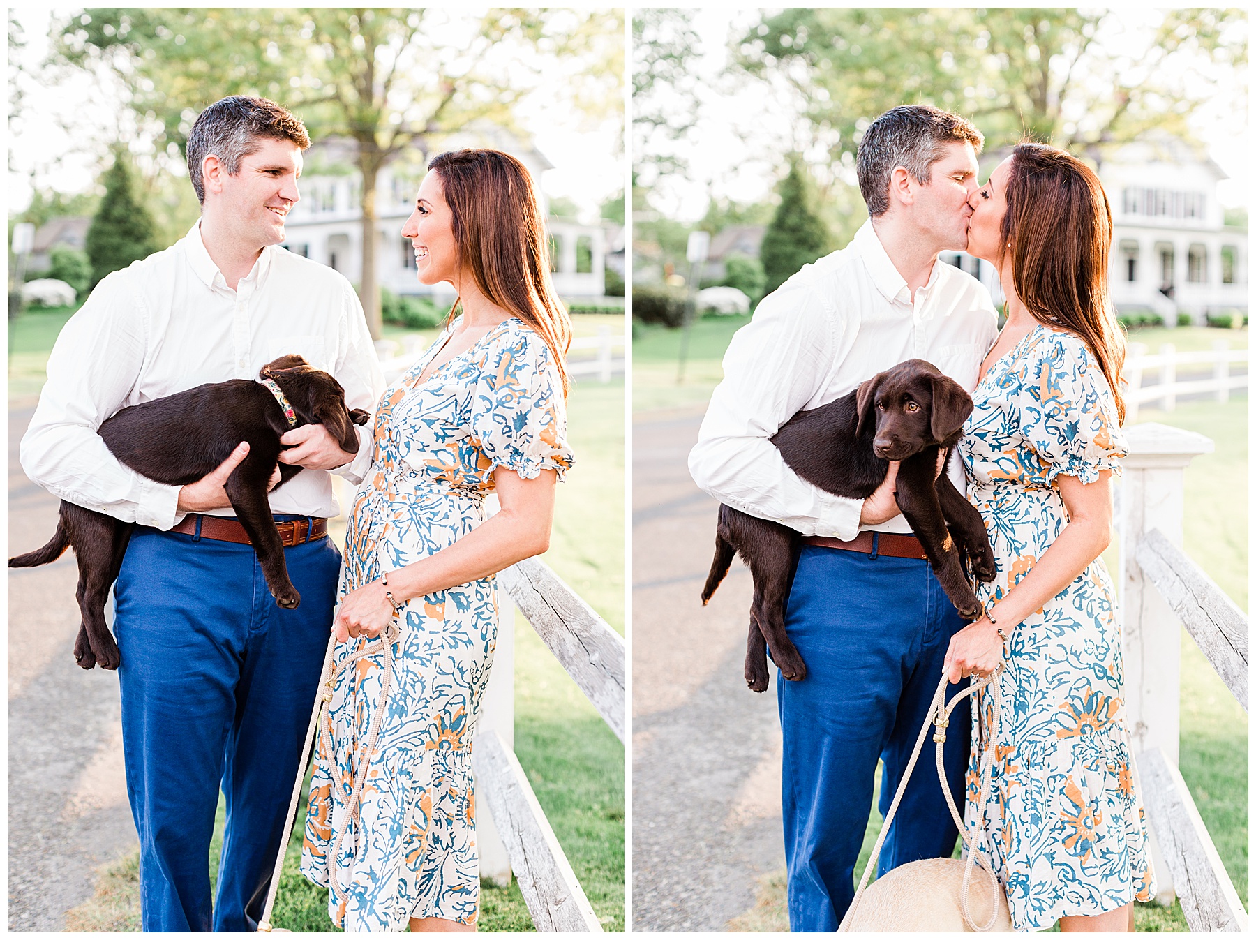 Bride-and-groom-kissing-while-holding-dog-engagement-session