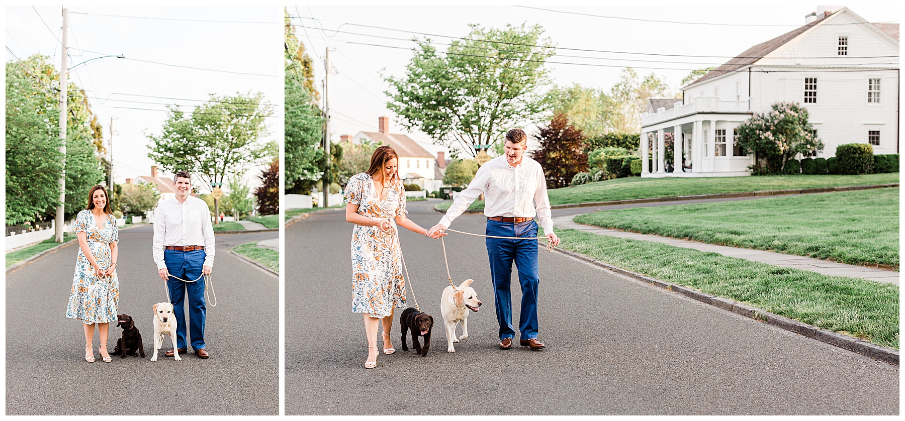 Bride-and-groom-walking-dogs-during-engagement-session