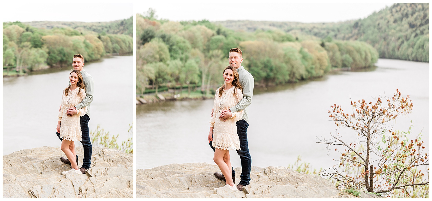 bride-and-groom-standing-on-rock-during-engagement-session